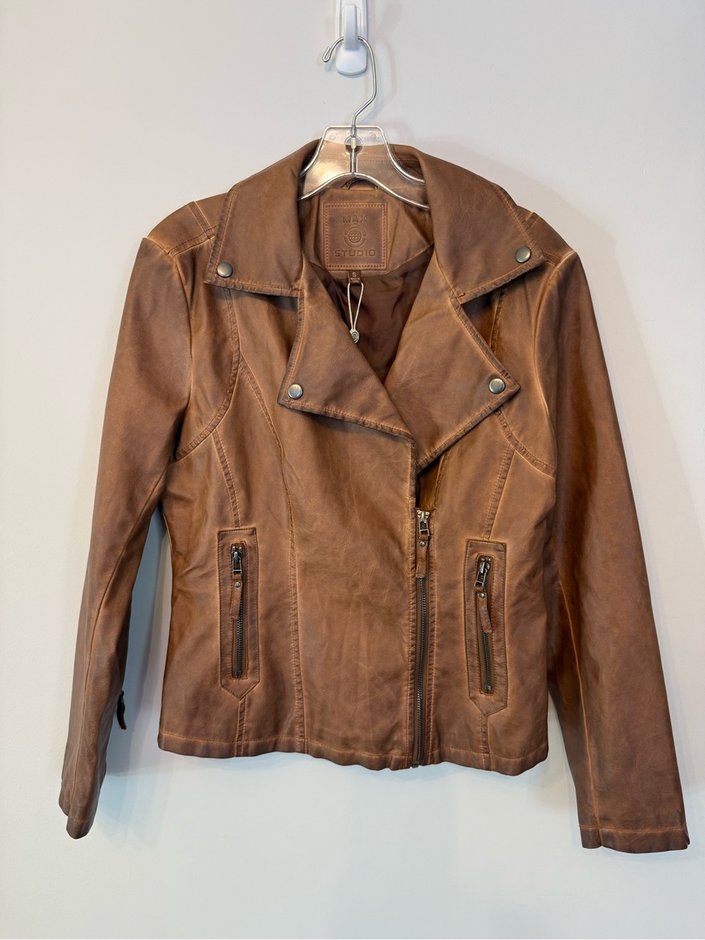 Max Studio Cognac Brown Leather Moto Jacket